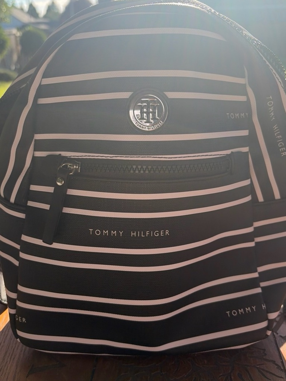 Tommy Hilfiger Black & White Striped  Backpack with Front Zip Pocket